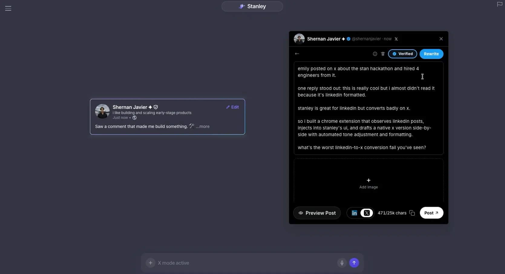 Stanley X extension interface showing an X-native draft preview beside a Stanley-style draft.