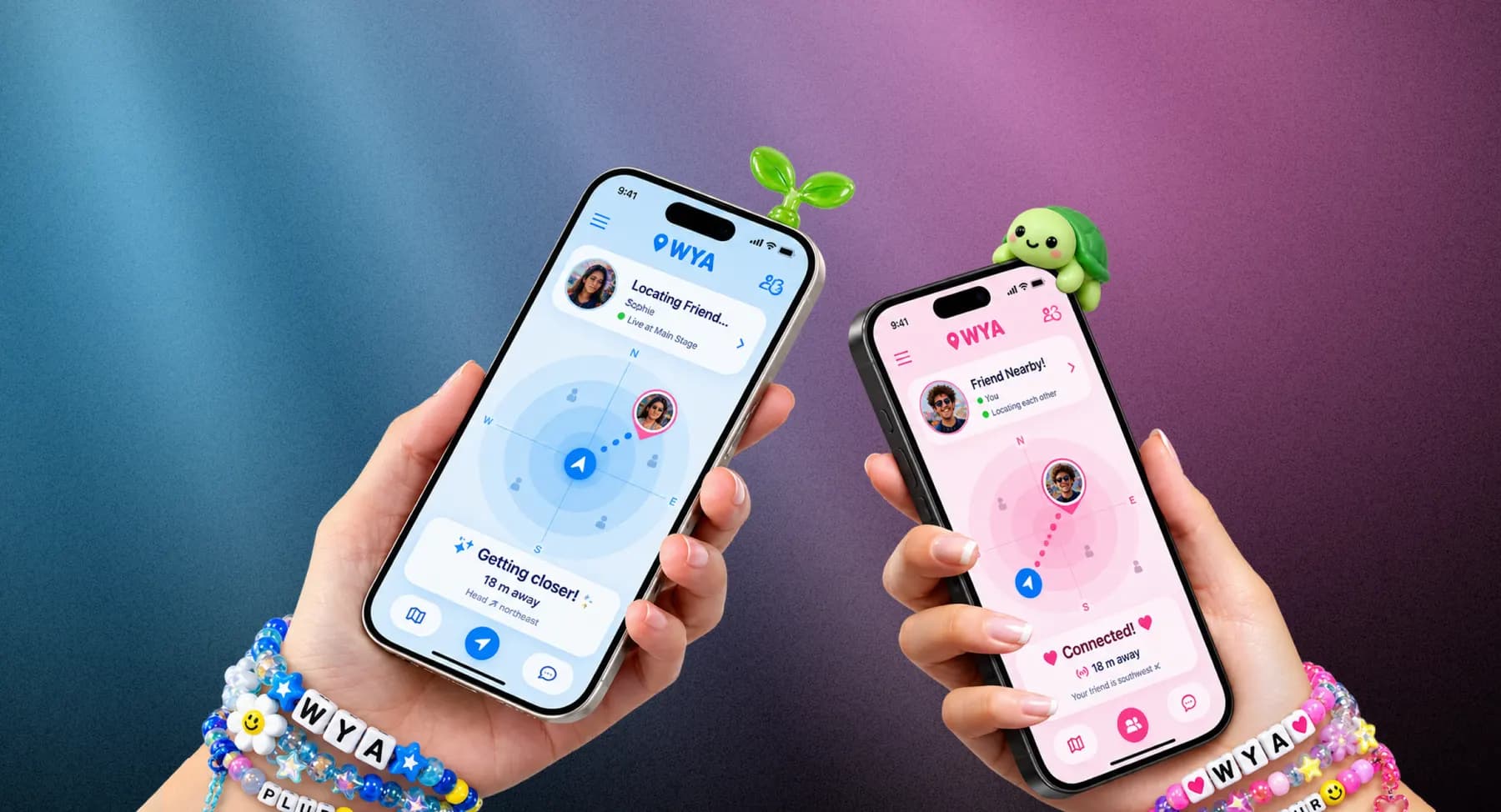 WYA app showing Bluetooth connectivity and event discovery.